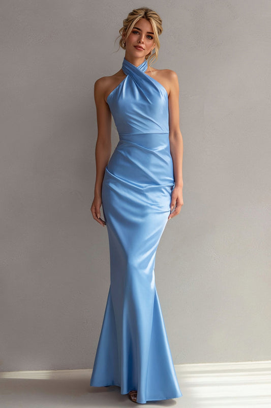 Light Blue High Neck Satin Mermaid Long Bridesmaid Dress