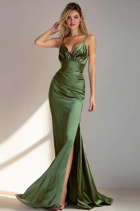 Emerald Green Spaghetti Straps Mermaid Long Bridesmaid Dress with Slit