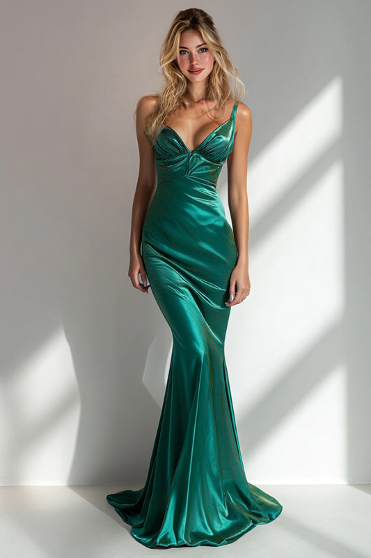 Peocock Green Satin Mermaid Spaghetti Straps Long Bridesmaid Dress