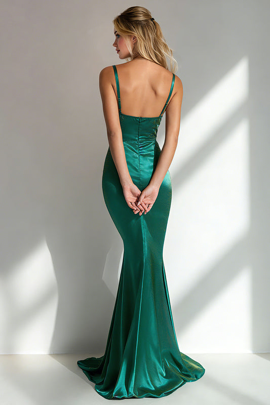 Peocock Green Satin Mermaid Spaghetti Straps Long Bridesmaid Dress