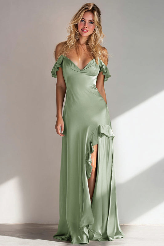 Light Green A Line Off the Shoulder Satin Ruffled Long Bridesmaid Dress with Slit