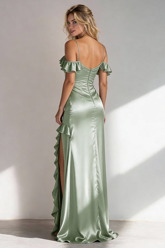 Light Green A Line Off the Shoulder Satin Ruffled Long Bridesmaid Dress with Slit