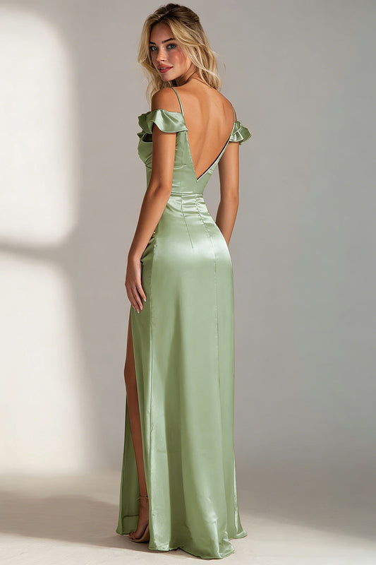 Sage Green Satin Meimaid Cold Shoulder Long Bridesmaid Dress with Ruffles