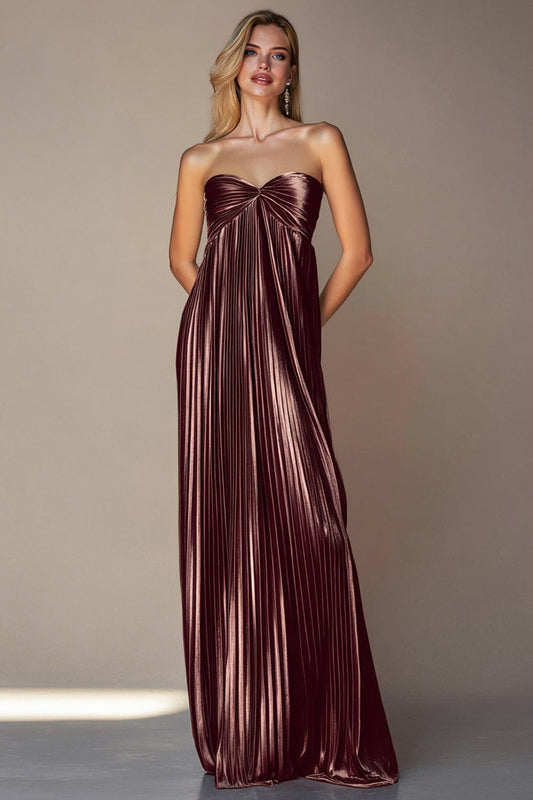 Metallic Pleated Coffee Strapless Long Wedding Guest Dress