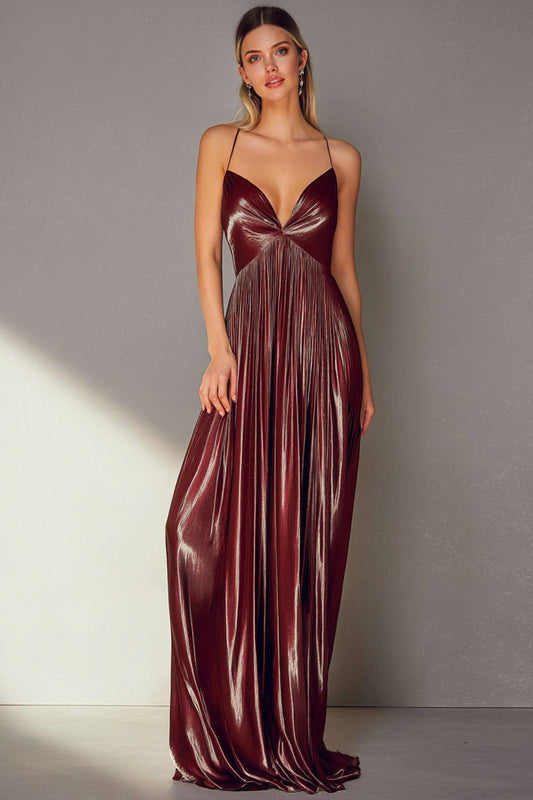 Coffee Pleated Sheath Spaghetti Straps Long Wedding Guest Dress