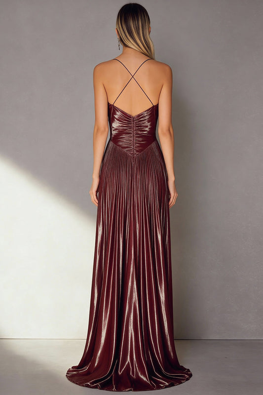 Coffee Pleated Sheath Spaghetti Straps Long Wedding Guest Dress