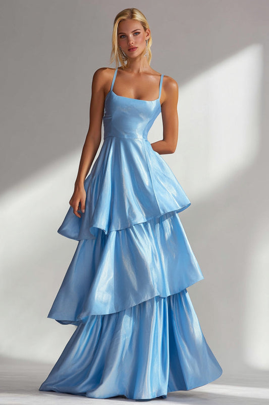Light Blue Spaghetti Straps Satin Long Wedding Guest Dress with Ruffles