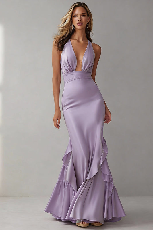 Lilac Mermaid Halter Neck Long Wedding Guest Dress with Ruffles