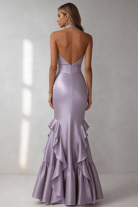 Lilac Mermaid Halter Neck Long Wedding Guest Dress with Ruffles