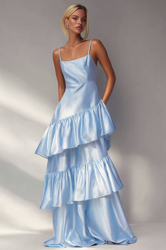 Light Blue Tiered A Line Spaghetti Straps Long Wedding Guest Dress