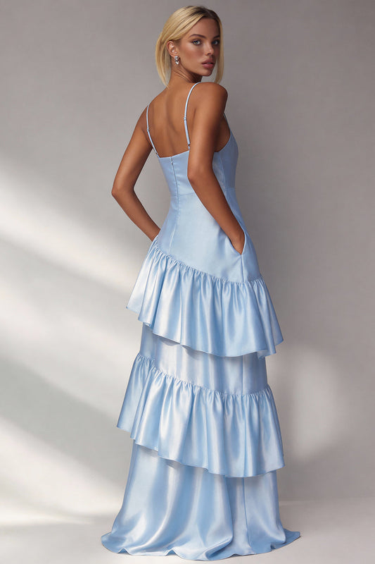 Light Blue Tiered A Line Spaghetti Straps Long Wedding Guest Dress