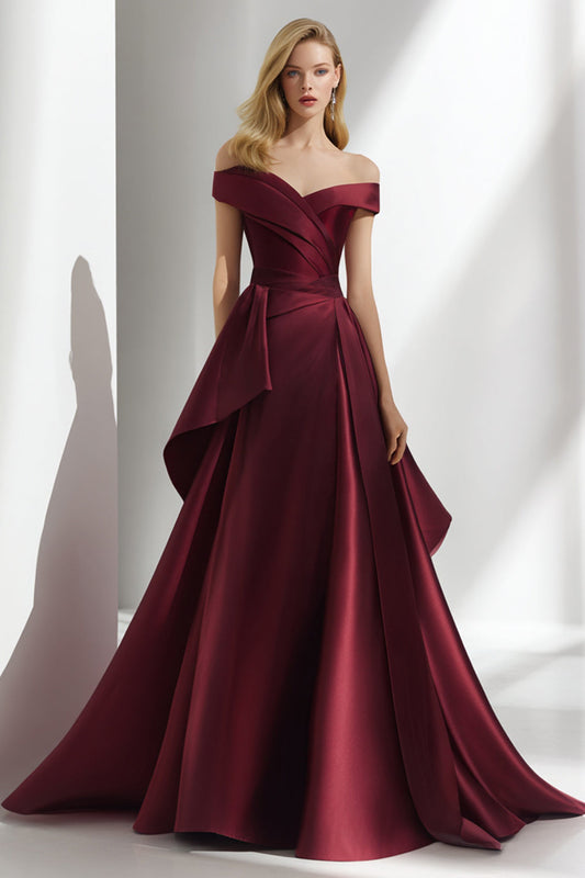 Burgundy A Line Satin Off the Shoulder Long Wedding Guest Dress
