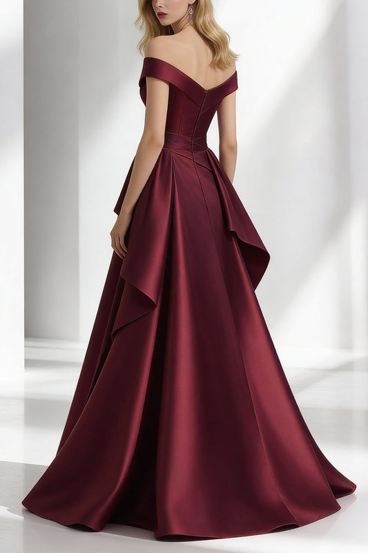 Burgundy A Line Satin Off the Shoulder Long Wedding Guest Dress