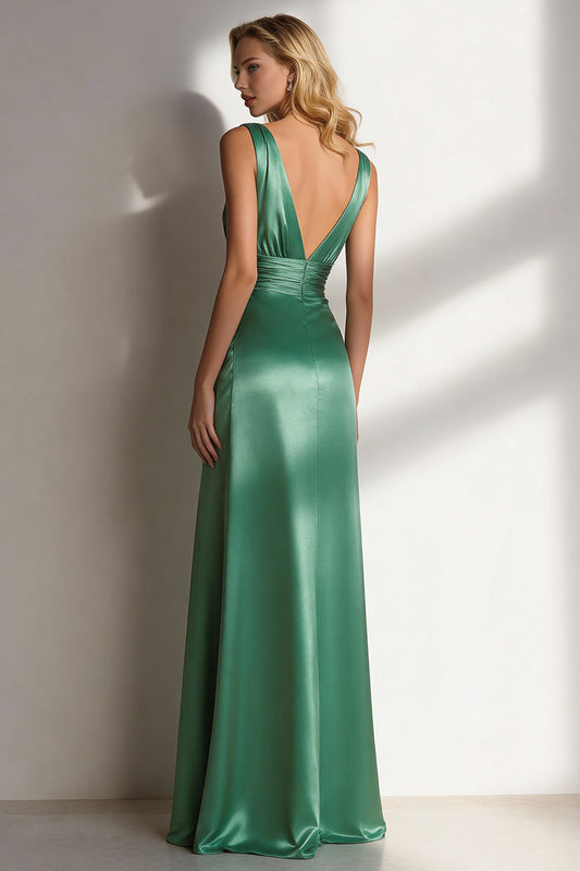 Emerald Green Ruched V-Neck Satin Long Wedding Guest Dress with Slit