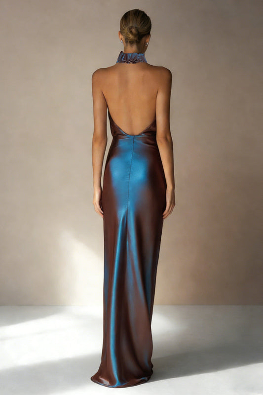 Electric Blue Sheath High Neck Backless Long Wedding Guest Dress with Slit