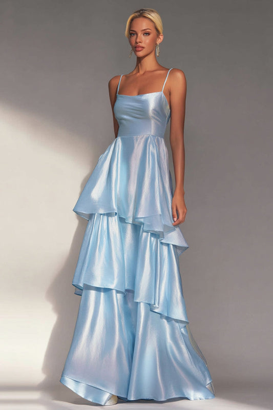 Light Blue Spaghetti Straps A Line Tiered Long Wedding Guest Dress