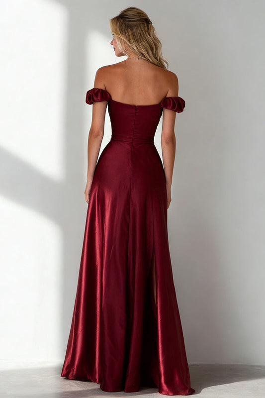 Burgundy Off the Shoulder A Line Satin Long Wedding Guest Dress with Slit
