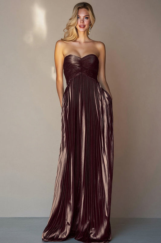 Metallic Coffee Pleated A Line Sweetheart Long Wedding Guest Dress