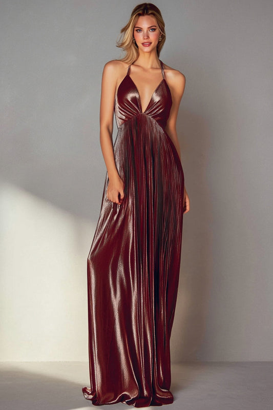 Coffee Pleated Backless V-Neck Long Wedding Guest Dress