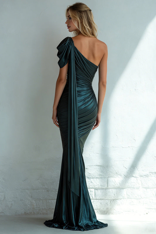 Dark Green Mermaid One Shoulder Long Wedding Guest Dress with Side Cape