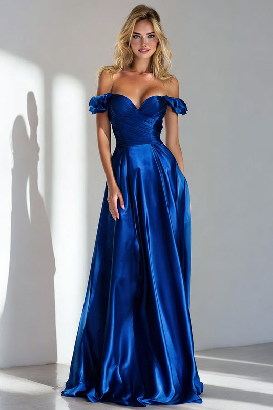 Royal Blue A Line Off the Shoulder Satin Long Wedding Guest Dress with Ruffles