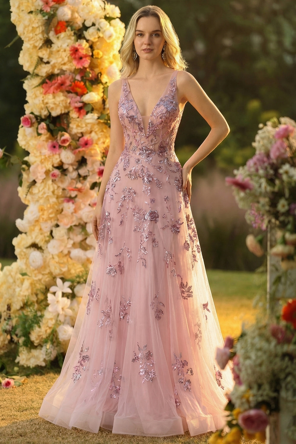 blush floral prom dress Blush A Line Spaghetti Straps Floral Corset Long Prom Dress with Slit
