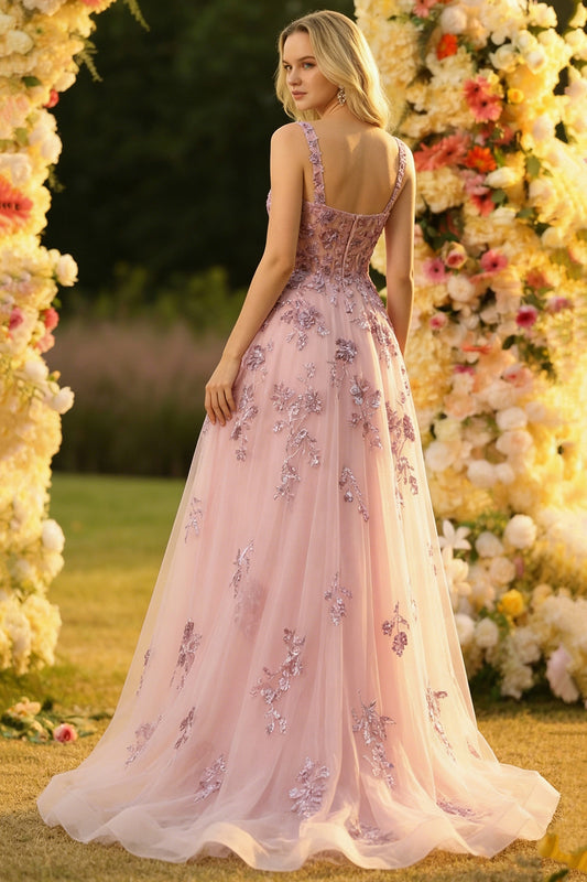 Sparkly Floral Blush A Line Thick Straps Tulle Long Corset Prom Dress