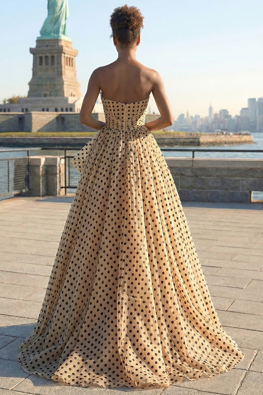 Black and Apricot Polka Dots A Line Ruffled Strapless Long Prom Dress