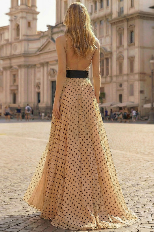 Black and Apricot Polka Dots Halter Neck A Line Long Prom Dress with Slit