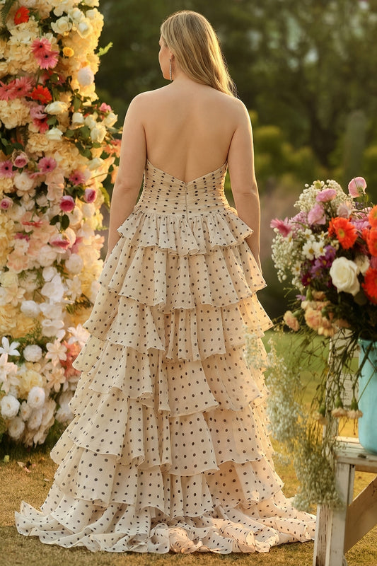 Plus Size Black and Apricot Polka Dots A Line Tiered Sweetheart Long Prom Dress