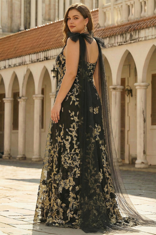 Plus Size Floral Sparkly Black Golden Tulle A Line Sequins Long Prom Dress with Cape