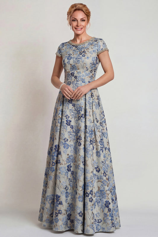 Grey Blue Floral Jacquard Long Mother of the Bride Dress with Sleeves Beaded Round Neck A Line Wedding Guest Dress