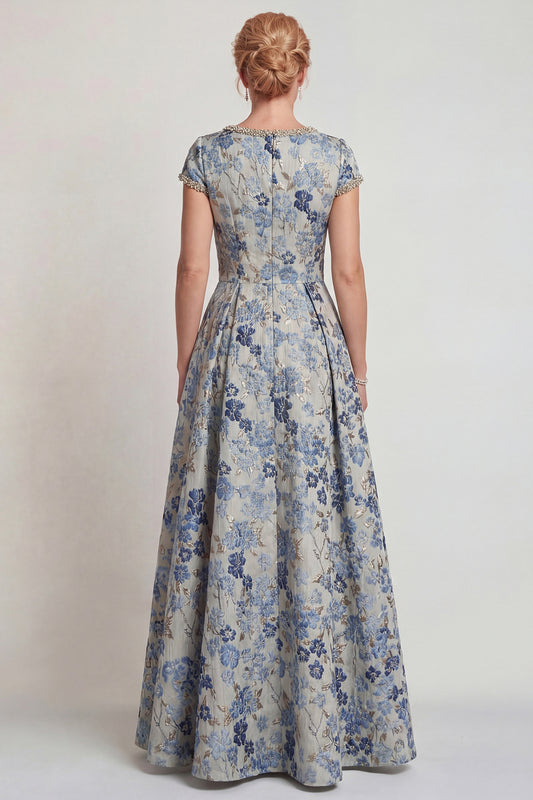 Floral Grey Blue A Line Jacquard Long Mother of the Bride Dress with Sleeves