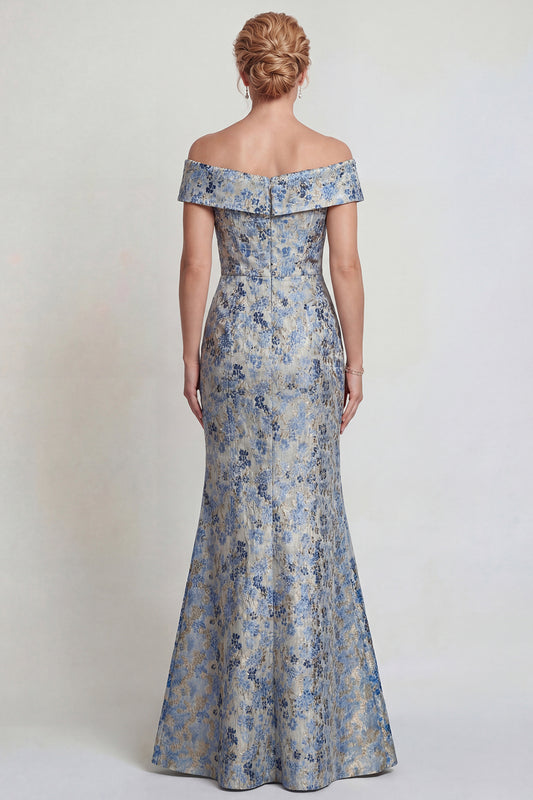 Grey Blue Floral Jacquard Mermaid Long Mother of the Bride Dress