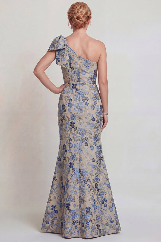 Grey Blue Floral Jacquard One Shoulder Long Mother of the Bride Dress with Bow