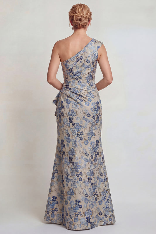 Grey Blue Floral Jacquard One Shoulder Long Mother of the Bride Dress with Slit