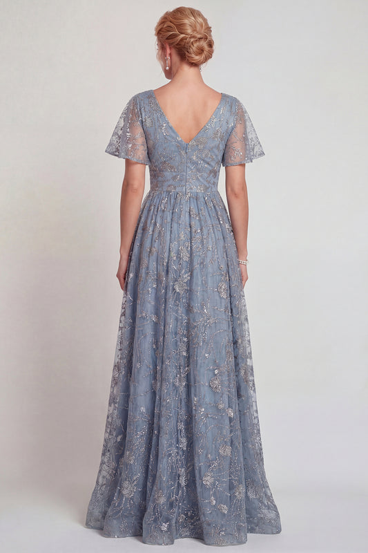 Sparkly Grey Blue V-Neck A Line Long Mother of the Bride Dress with Sleeves