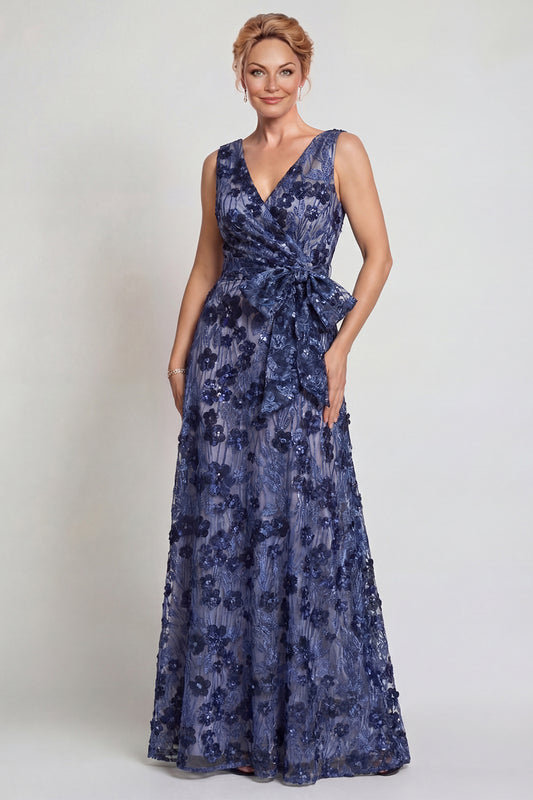 Sparkly Dark Blue Floral A Line V-Neck Long Mother of the Bride Dress with Bow