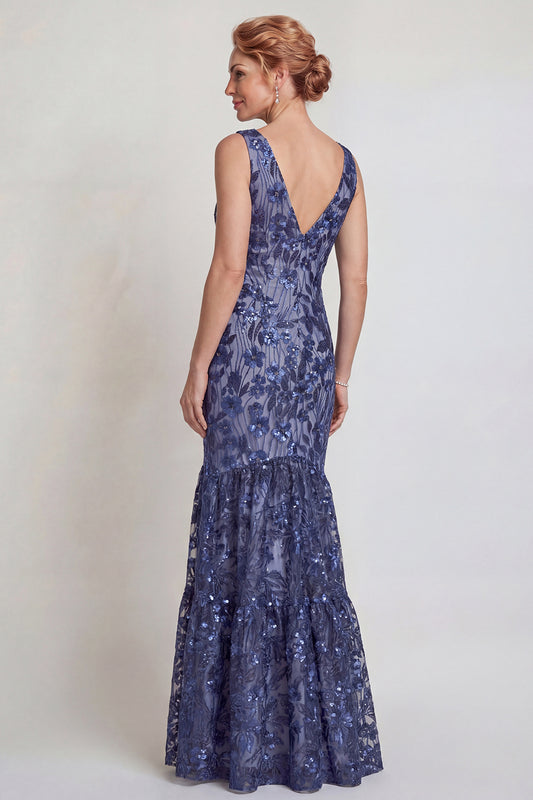 Sparkly Dark Navy Floral Mermaid V-Neck Long Mother of the Bride Dress