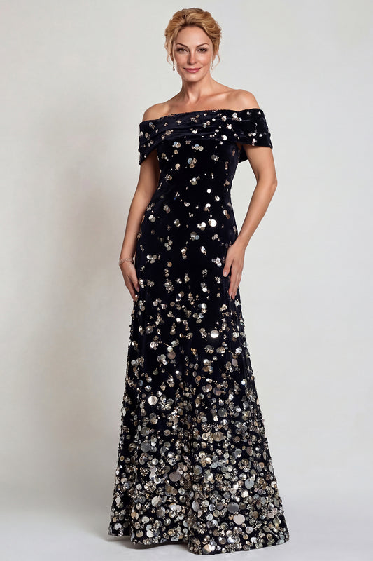 Sparkly Black Silver Velvet Sequin Mermaid Long Mother of the Bride Dress