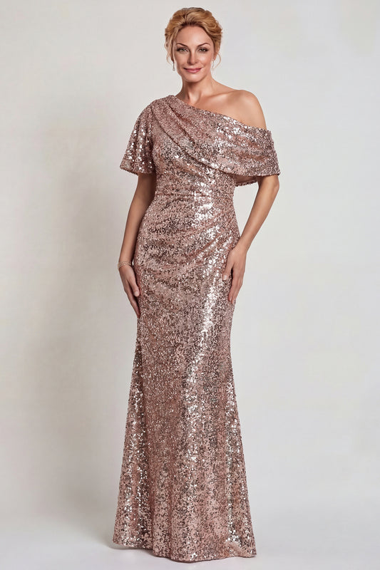 Sparkly Champagne Sequins Mermaid One Shoulder Long Mother of the Bride Dress