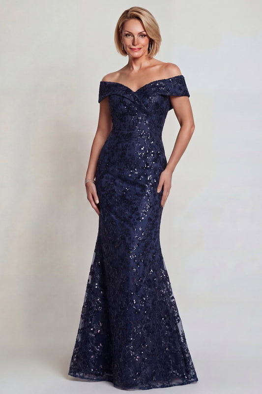 Sparkly Navy Sequins Mermaid Off The Shoulder Long Mother of the Bride Dress