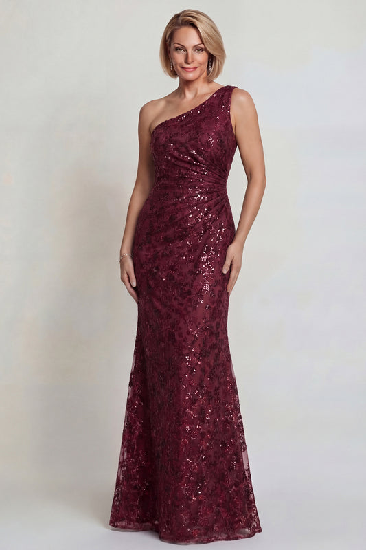 Sparkly Burgundy Sequins Mermaid One Shoulder Long Mother of the Bride Dress