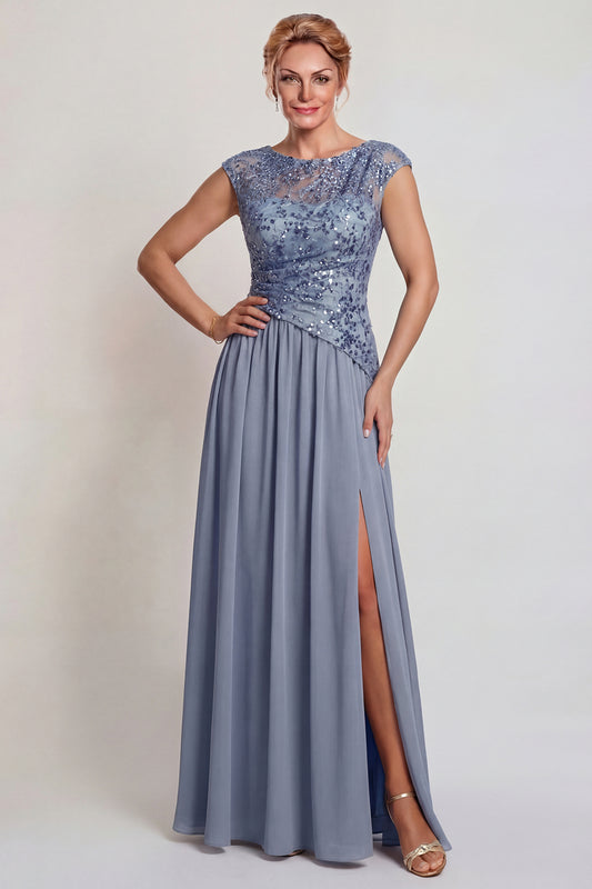 Sparkly Grey Blue A Line Sequin Long Mother of the Bride Dress with Slit