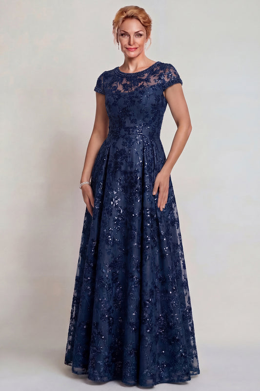 Sparkly Navy Sequins Boat Neck A Line Long Mother of the Bride Dress with Sleeves