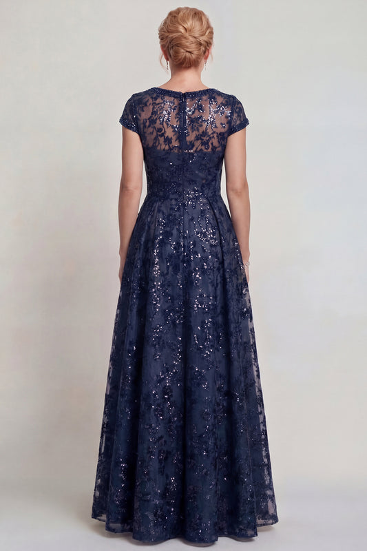 Sparkly Navy Sequins Boat Neck A Line Long Mother of the Bride Dress with Sleeves