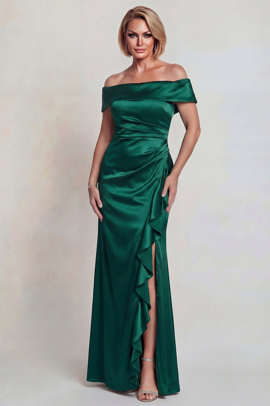 Dark Green Satin Off the Shoulder Long Mother of the Bride Dress with Slit