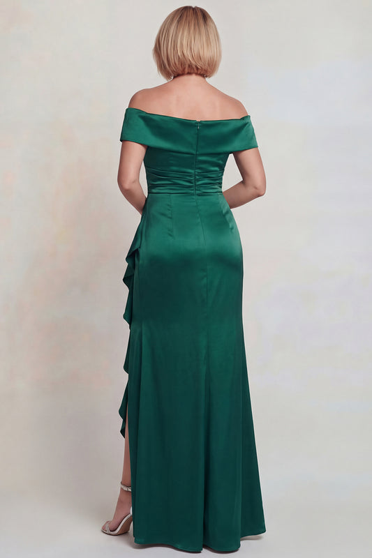 Dark Green Satin Off the Shoulder Long Mother of the Bride Dress with Slit
