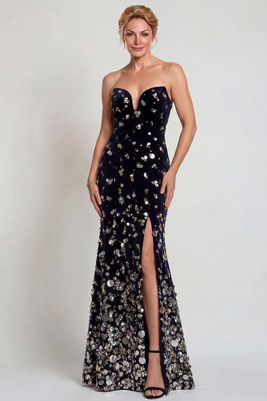 Sparkly Black Silver Sequins Strapless Long Mother of the Bride Dress with Slit