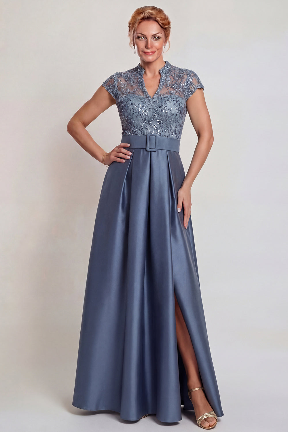 Zapaka Women Grey Blue Appliqued Mother of the Bride Dress with Slit A Line Satin Wedding Guest Dress, Grey Blue / US22W